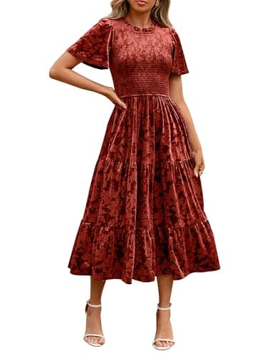 Image of Simplee Velvet Dress for Women Semi Formal Short Sleeve Floral Smocked Empire Waist Fall Winter Wedding Guest Dresses, Orange Red, XL