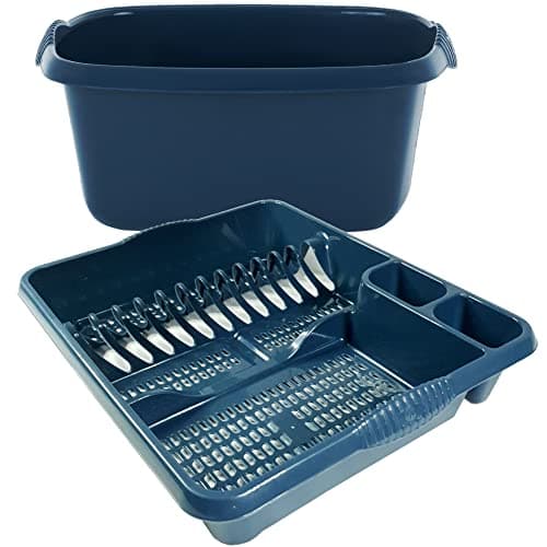 Image of KetoPlastics Navy Blue Kitchen Set - Large Dish Drainer and Rectangle Washing Up Bowl - 2 Piece Plastic Kitchen Set