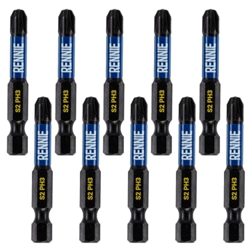 Image of 10 x Rennie Tools 50mm Long PH3 Impact Screwdriver Driver Bits Set. Magnetic Phillips No.3 Heavy Duty Impact Driver Bit Set. Long PH3 Bits. Hex Shank. Cross Head