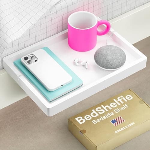 Image of BedShelfie Bedside Shelf for Bunk Bed & Top Bunk, College Dorm Room Essentials, Loft Nightstand, Floating Bed Side Table Tray Storage, Dorm Room Decor By Smallish - (FlexFit Model, White)