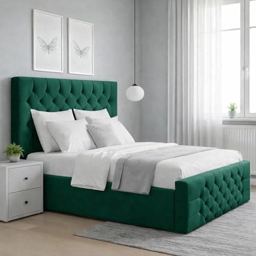 Image of Green Plush 5FT Ottoman King Size Bed Frame with 48” Chesterfield Headboard & Footboard | Strong & Supportive Bed Base Without Ottoman Storage | Comfort and Long-Lasting Bed | Easy-to-Assemble Bed Set