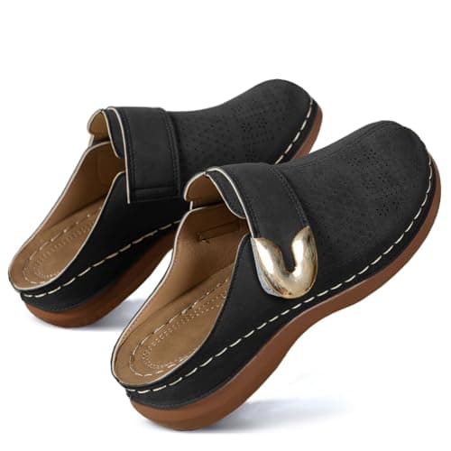 Image of Dernolsea Leather Clogs for Women, Ladies Caged Closed Toe Low Wedge Mules Sandals Backless Slip On Loafers Plain Black Size 5