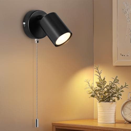 Image of Ketom Adjustable Wall Light with Pull Cord Switch, GU10 Modern Wall Sconce Lights Black, Wall Spotlight Fixtures, LED Wall Lights Indoor for Bedroom Bedside Hallway, Bulb Not Included