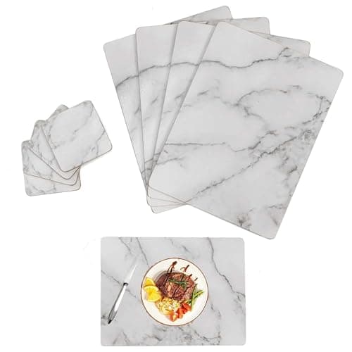 Image of AAMEN Set of 8 Marble Effect Cork Placemats & Coasters, Heat Resistant Waterproof Non-Slip Corks Table Mats, Tables Mats for Kitchen Dining Table (8-Marble Cork Placemats & Coasters)