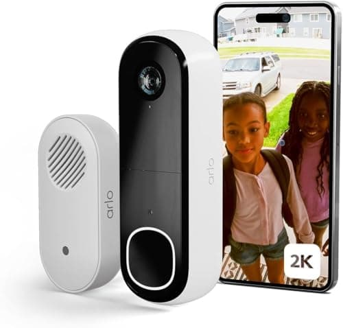 Image of Arlo 2K Doorbell Camera Wireless and Chime, Outdoor WiFi Video Doorbell, Motion Sensor, CCTV Camera System, 6 Month Battery Operated Security Camera, Night Vision, Secure Trial Included, White, UK