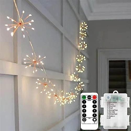 Image of KINGCOO LED Firework String Light, Battery Operated Chain Fairy Lights with Remote Control 8Mode for Outdoor Indoor Home Christmas Wedding Party Decoration,Warm White (10IN1 150LED)