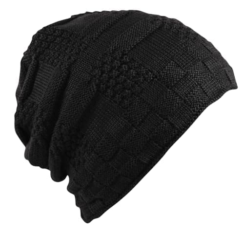 Image of Itzu Unisex Slouch Beanie Waffle Knit Winter Hat Warm Soft Thick Faux Fur Fleece Lining Mens Womens in Black (Waffle)