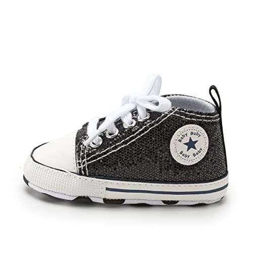 Image of BAIELey walk in the clouds Baby Boys Girls Infant Canvas Sneakers High Top Lace up Bling Sequins Soft Sole Newborn First Walkers Shoe (Black 0-6_Months)