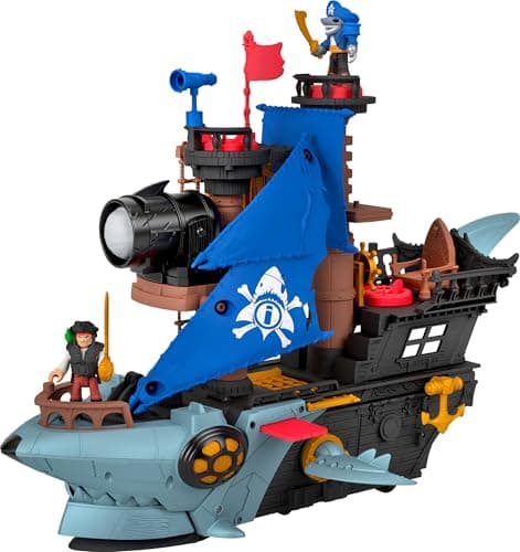Image of Fisher-Price Imaginext Shark Bite Pirate Ship Playset with 2 Action Figures & Toy Boat with Biting Jaws and Launcher, 12 Accessories, JLC50