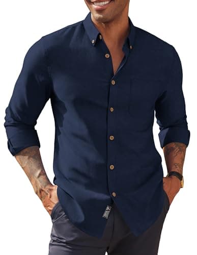 Image of PJ PAUL JONES Oxford Shirts for Men Longsleeve Casual Cotton Shirts Button Down Dark Blue L