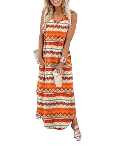 Image of Sampeel Summer Dresses for Women Maxi Dress Vacation Beach Sundresses 2026 with Pockets Ladies Dresses Size 22-24 Orange Diamond