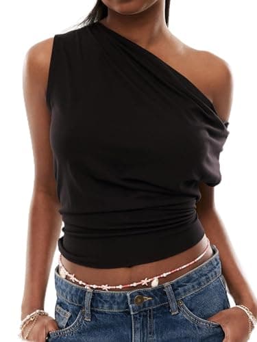 Image of Springcmy Women's Off One Shoulder Crop Top Ruched Asymmetrical Dolman Short Sleeve Trendy Y2K T Shirt Streetwear (A Black, M)