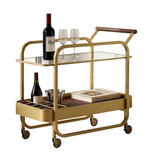 Image of DAWNYIELD Bar Serving Cart with Tempered Glass Shelf, 2-Tier Drinks Trolley with Bottle Grid, Bar Cart on Lockable Wheels with Wine Rack, Rolling Storage Trolley for Kitchen Living Room Party, Gold
