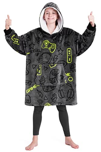 Image of CityComfort Hoodie Blanket for Kids & Teenagers Fleece Wearable Blanket Warm Gamer Football Oversized Hoodie with Sherpa Hood Loungewear Gaming Gifts (Grey Gaming)