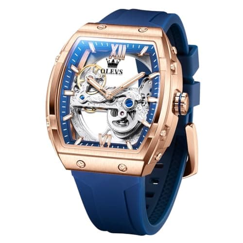 Image of OLEVS Watch for Men Automatic Mechanical Luxury Dress Tourbillon Stainless Steel Waterproof Wrist Watches Date Rose Gold Blue