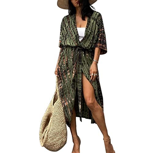 Image of Tie Dye Beach Kimono Cardigan,Long Swimsuit Bikini Beach Cover Up, Open Front,Casual Loose Flowy (Army Green, One Size)