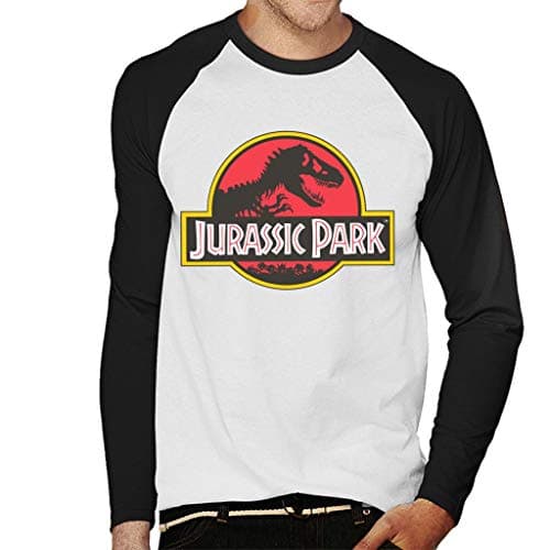 Image of Jurassic Park Classic Logo Men's Baseball Long Sleeved T-Shirt White/Black