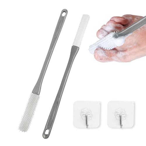 Image of 2Pcs Toe Cleaning Brush, Long Reach Foot Cleaning Brush, Long Handle Silicone Toe Gap Scrubber, Shower Toe Lotion Applicator with 2 Hooks for Elderly Senior Men Women (Grey)
