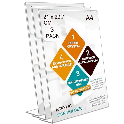 Image of ROSSHINE A4 Menu Holders, 3pack Slant Back Acrylic Sign Holder, A4 Clear Poster Holder Perspex Display Stand for Office School Home Restaurant