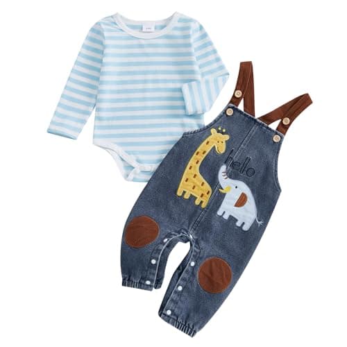 Image of Carolilly Infant Baby Boys Embroidery Animals Outfits Newborn Baby Boys Long Sleeve Striped Romper + Giraffe Elephant Embroidery Suspender Pants Sets (Blue, 9-12 Months)