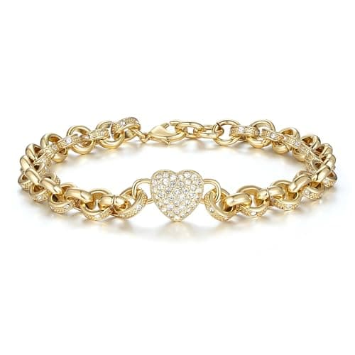 Image of THE BLING KING Gold Heart Charm Belcher Bracelet for Women – Clear CZ Stones, 7-Inch, PVD Gold Plated – Ladies Gold Bracelet
