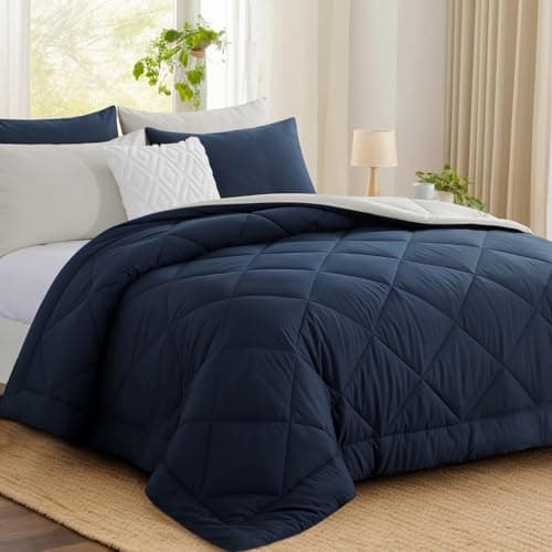 Image of Aisbo Coverless Duvet Single 10.5 Tog - 135x 200cm, Navy Blue Cosy and Lightweight Quilt, Reversible Comforter with Pillowcase, Navy/Beige