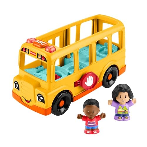 Image of Fisher-Price Little People Toddler Toy School Bus Musical Push-Along Vehicle with 2 Figures for Kids Ages 1+ Years, Multilanguage Version, HYT03
