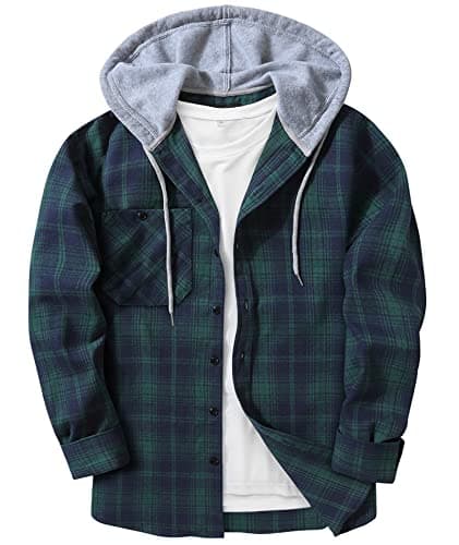 Image of JACKETOWN Men's Plaid Shirts Casual Sweatshirt Hoodie Long Sleeve Shirt with Pocket Button Down Checked Shirt Flannel Regular Fit 4 Seasons Lumberjack Shirts Green Blue