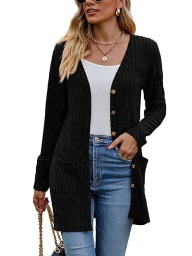 Image of Famulily Solid Color Black Long Cardigan for Women UK, Ribbed Knit Lightweight Outerwear Sweater with Pockets (L, Black)