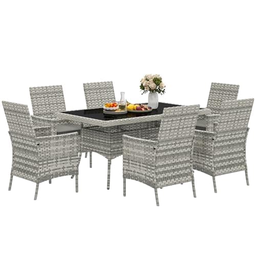 Image of Outsunny Rattan Garden Furniture Set, 6 Seater Outdoor Dining Table and Chairs with Cushions, 150 x 90cm Rectangular Tempered Glass Table, 6 Armchairs, for Terrace, Conservatory, Balcony, Mixed-Grey
