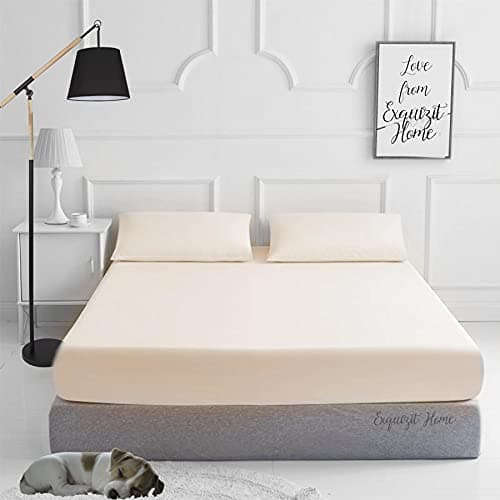 Image of EXQUIZIT HOME® Fitted Bed Sheet with Pillowcases Pack of 2 – Plain Dyed Poly Cotton Percale Easy Care 180TC Bed Sheet, Soft & Durable 50% Cotton 50% Polyester (Cream–Double)
