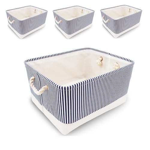 Image of Mangata 4 Pack Large Storage Boxes, Multi-Size, Rectangular Organiser Baskets for Shelves, Toys, and Clothes, 41x31x20cm(Blue Stripe, L)