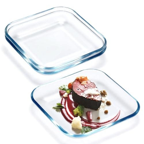 Image of NUTRIUPS 3 Pack 8 Inch Square Dessert Plates - with Lipped Edge, Small Clear Tempered Glass Appetizer Plate Set For Kitchen, Dinnerware Dish Set, Dishwasher & Microwave Safe