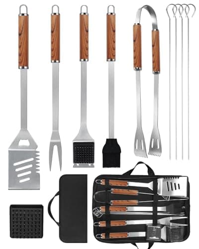 Image of Evolpor Premium BBQ Tool Set (11pcs) - Heat-Resistant Stainless Steel Grilling Accessories with Ergonomic Wood Handles, Ideal for Backyard Barbecues & Camping Gifts