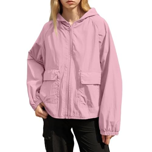 Image of Women's Waterproof Jacket Lightweight Packable Rain Coat with Hood Windbreaker Sun Protection Ladies Coats Breathable Outdoor Hiking Sport Jacket (Pink, M) oberteile Damen