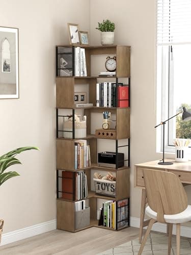 Image of Quikraen 7-tier corner bookcase, tall storage corner shelf 187 cm, L-shaped industrial wooden book shelves, large shelving unit, floor-standing corner shelf, vintage brown