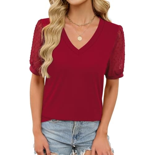 Image of Elesomo Ladies Tops Vneck Short Sleeve T-Shirt Ladies Casual Blouse Shirts, Burgundy M
