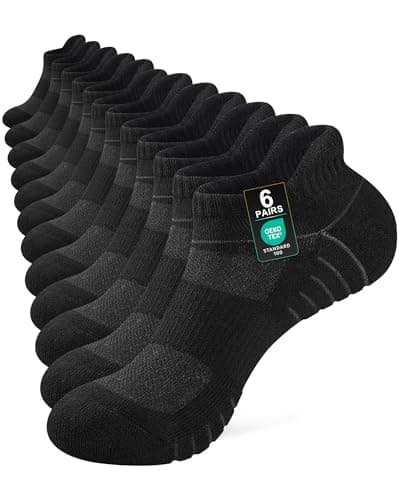 Image of Niorasen Mens Running Socks 6 Pairs, Cushioned Ankle Trainer Socks for Men Women, Breathable Cotton Sports Socks, Anti-Blister Athletic Short Low Cut Socks Black 9-11