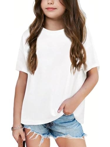 Image of Haloumoning Girls' T-Shirt Short Sleeve Summer Leisure Loose Shirts Kids Cotton Crew Neck Plain Basic Tops, White, 10-12 Years