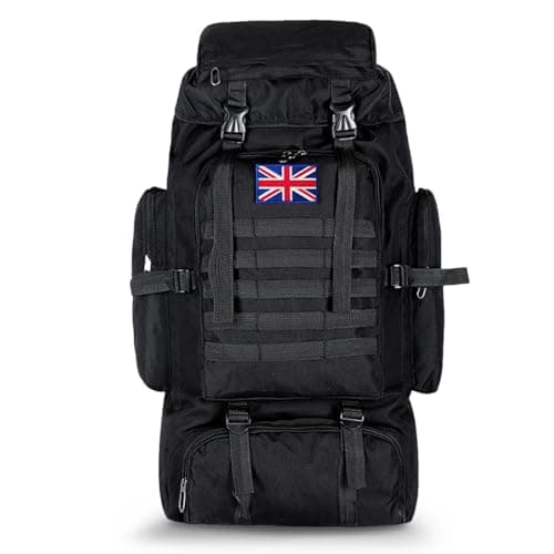 Image of Lesbyit 80L Waterproof Hiking Backpack, Lightweight Tactical Rucksack for Camping & Travel, Large Capacity, with 2 British Flags, Black (BLACK) (Black)