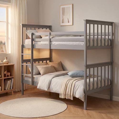 Image of Panana Bunk Bed 3FT Single Wooden Bunky Sleeper Bed,Sturdy Safety Guardrail Kids High Sleeper Bed With Ladder For Kids, Children (Grey, Can Split in to 2 single beds)