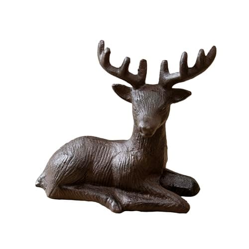 Image of Darthome Cast Iron Resting Stag Ornament 16.5x15cm Antique Rustic Brown Deer Reindeer Sculpture