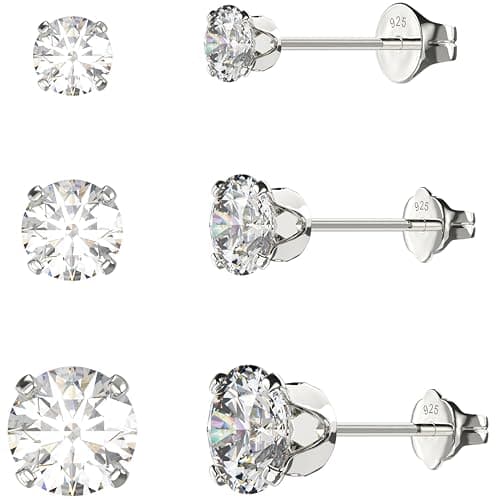 Image of Aeon Silver Stud Earrings - 925 Sterling Silver & Cubic Zirconia Diamond Multipack | Set of 3mm 5mm & 6mm Claw Set Stone | Polishing Cloth