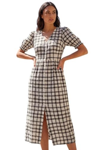 Image of Roman Originals Check Button Midi Dress for Women UK - Ladies Everyday Holiday Spring Summer V-Neckline Comfy Soft Evening Vacation Work Party - Black - Size 14