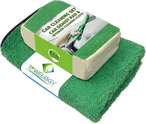 Image of Towelogy X02 Car Demister Pad Dual Microfibre Chamois De Mist Windscreen Sponge For Interior Window Screen Fog Cloth Eco Green/Set of 2 (Green)