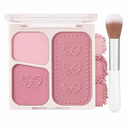 Image of Three-Color Blush Palette with Contour - Natural Matte Finish, Long-Wearing Makeup Kit, Includes Travel Brush for Cheeks and Face, Butterfly Embossed Design, Soft Pink