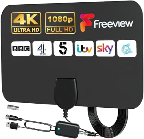 Image of GLOBAL TECH TV Aerial Indoor – Digital Indoor TV Ariels 250+ Miles Long Range Amplified Digital TV Antenna with Signal Booster and 13 ft Long Cable for UK Freeview Channels