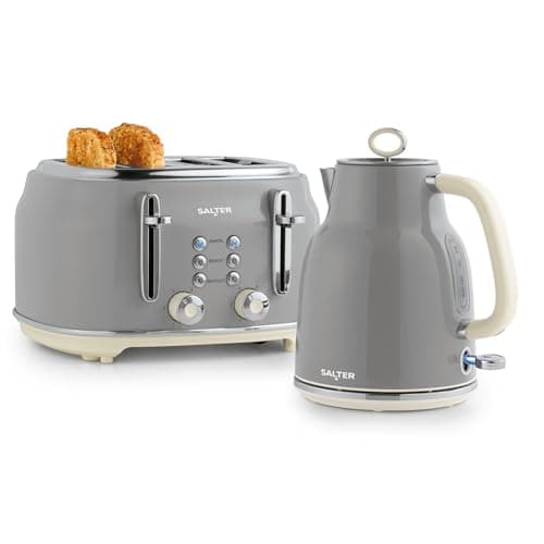 Image of Salter COMBO-9191 Retro Kettle & Toaster Set – 1.7L Fast Boil Kettle With Removable Limescale Filter, 4-Slice Wide Slot Toaster for Thick Bread, High Lift Eject, Blue Indicator Lights, 3kW/1630W, Grey