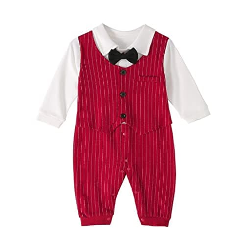Image of Lito Angels Baby Boys Tuxedo Romper One-piece Gentleman Bodysuit Formal Outfit with Bowtie Age 18-24 Months, Red