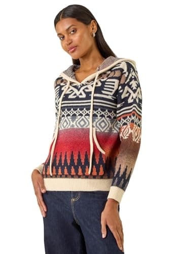 Image of Roman Women Jumper with Hood Ladies Winter Knitted Hoodie with Pockets Fairisle Nordic Aztec Print Hooded Sweater Knit Knitwear Autumn Flattering Casual Smart - Navy Jacquard - Size 12
